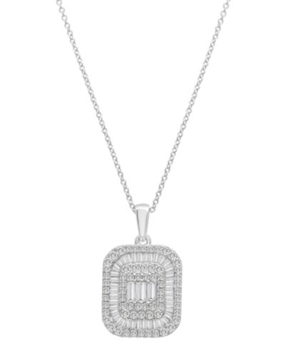 Wrapped in Love™ Diamond Round & Baguette Square Halo Cluster Pendant Necklace (1 ct. t.w.) in 14k White Gold, 16" + 2" extender, Created for Macy's