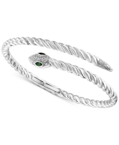 EFFY® Diamond (1/4 ct. t.w.) & Tsavorite (1/20 ct. t.w.) Snake Bypass Bangle Bracelet in Sterling Silver