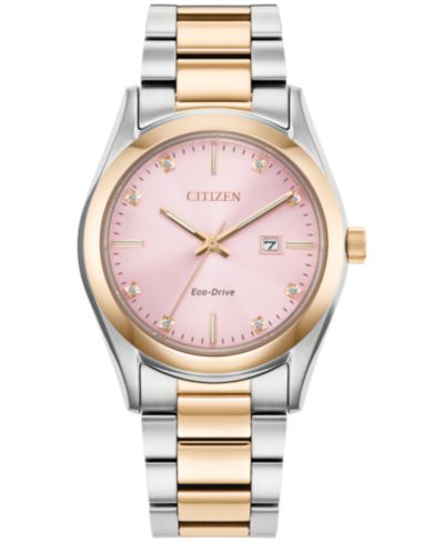 Citizen Eco-Drive Женские спортивные часы с бриллиантами, двухцветные, стальные, 33mm