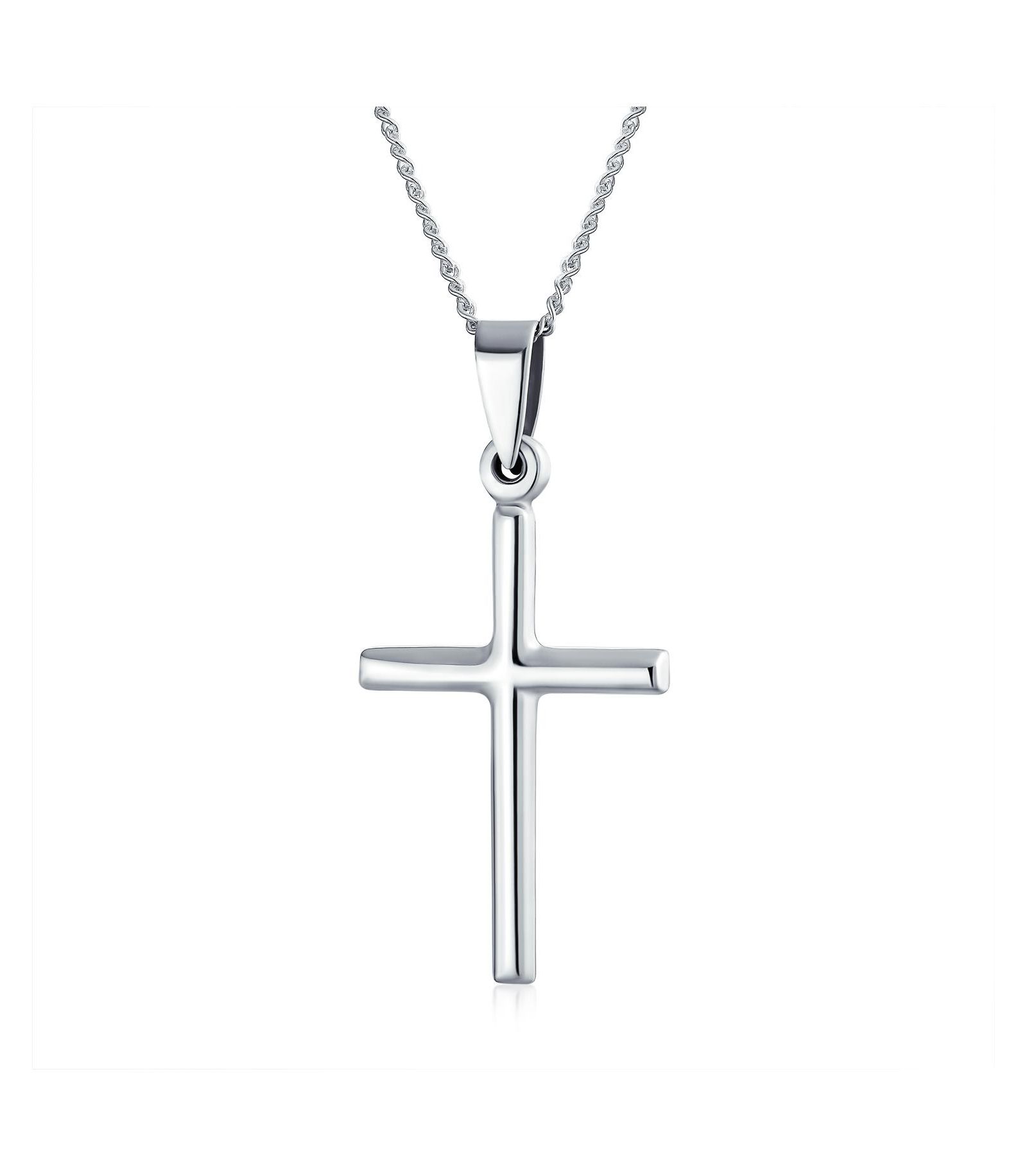 Bling Jewelry Simple Plain Religious Cross Pendant Necklace .925 Sterling Silver 1 Inch