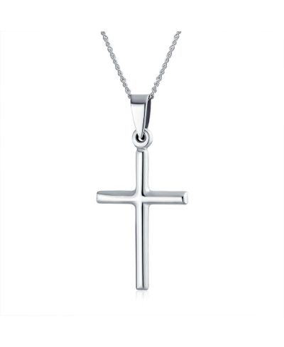Bling Jewelry Simple Plain Religious Cross Pendant Necklace .925 Sterling Silver 1 Inch