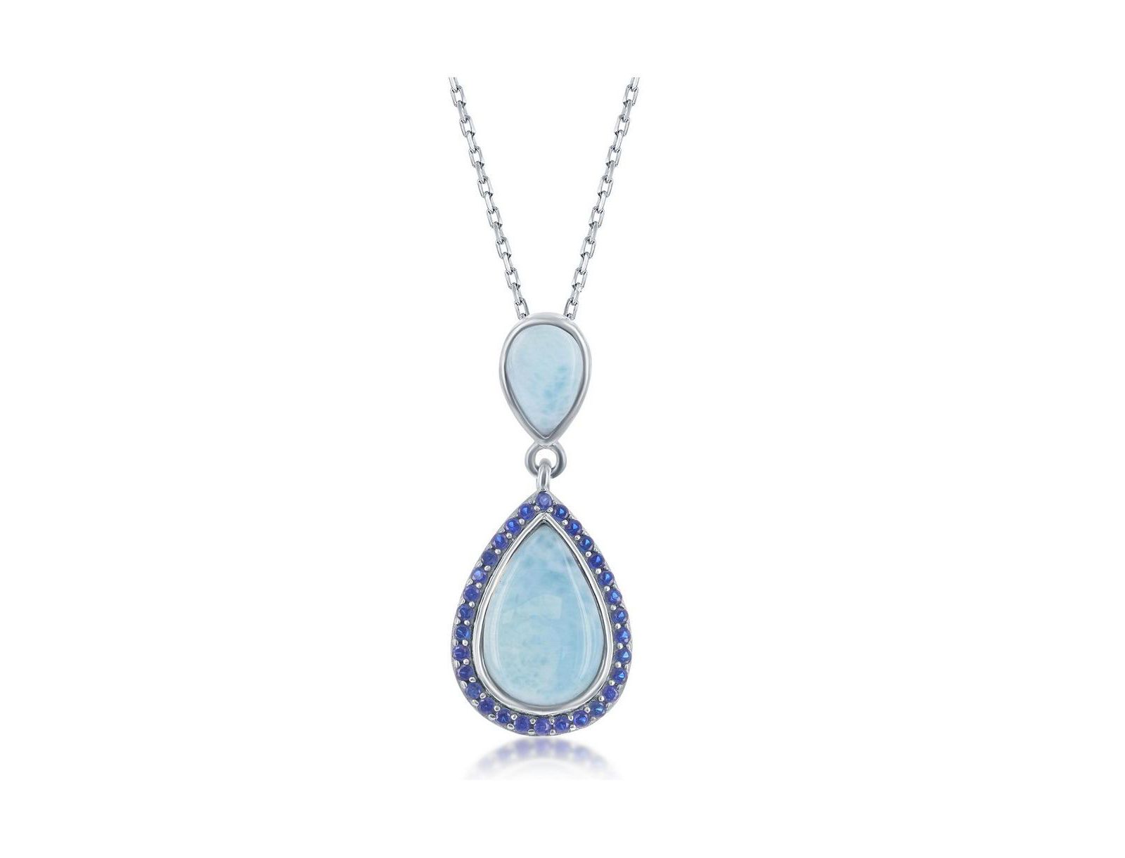 Sterling Silver Double Pear-Shaped Larimar with Sapphire CZ Necklace