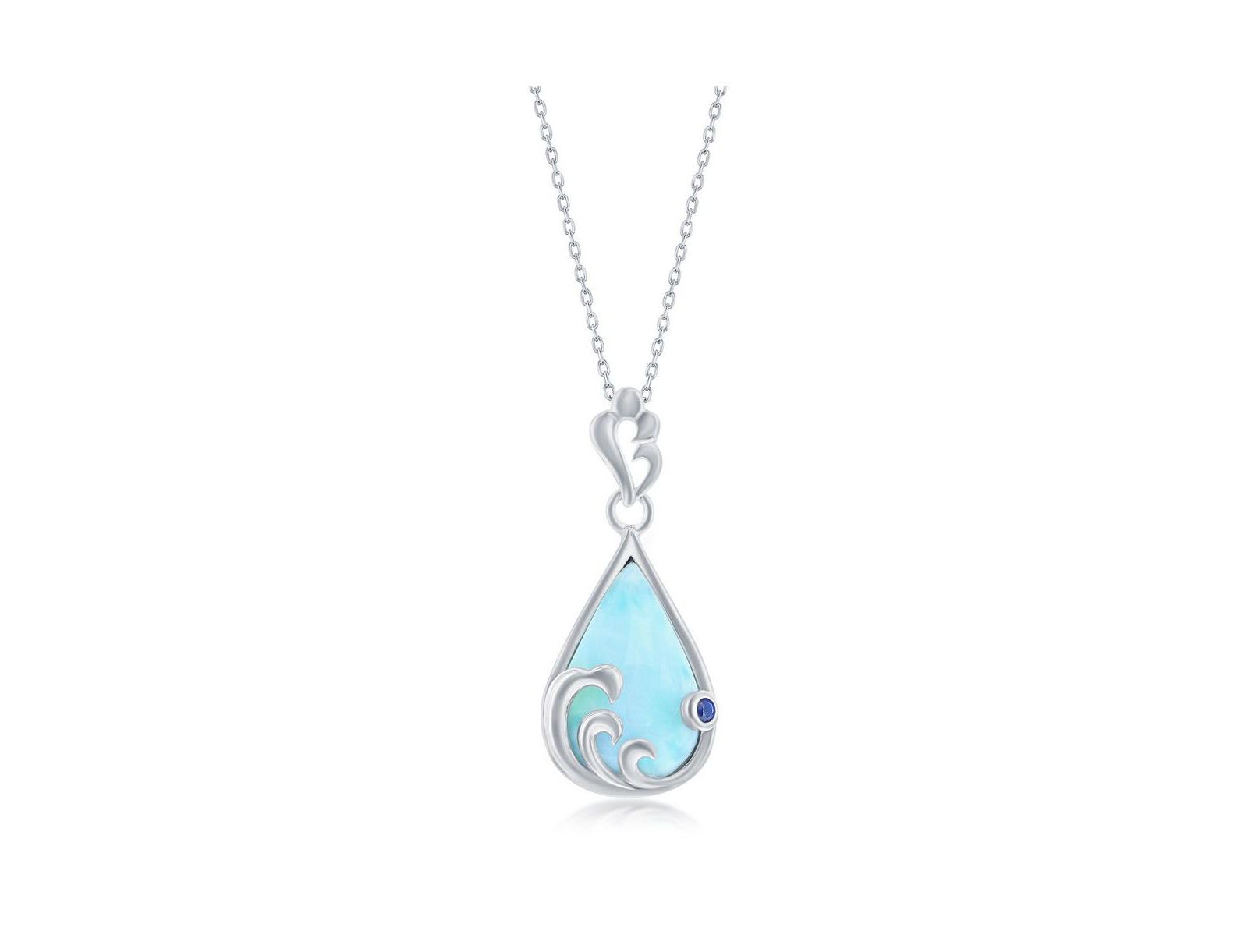 Ожерелье Caribbean Treasures Sterling Silver Larimar & Blue CZ Pearshaped Wave Design
