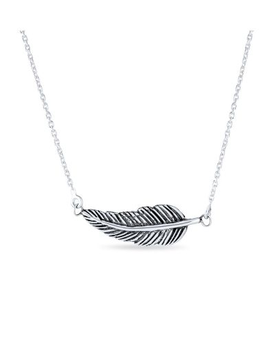 Bling Jewelry Feather Leaf Sideways Western Jewelry Pendant .925 Sterling Silver Necklace
