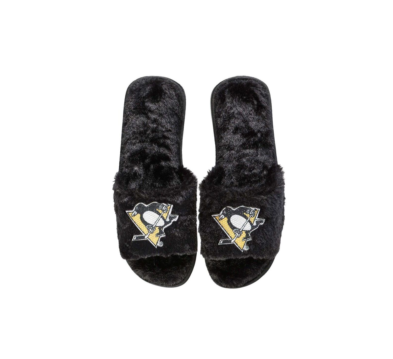 Женские пушистые тапочки FOCO Black Pittsburgh Penguins с пайетками