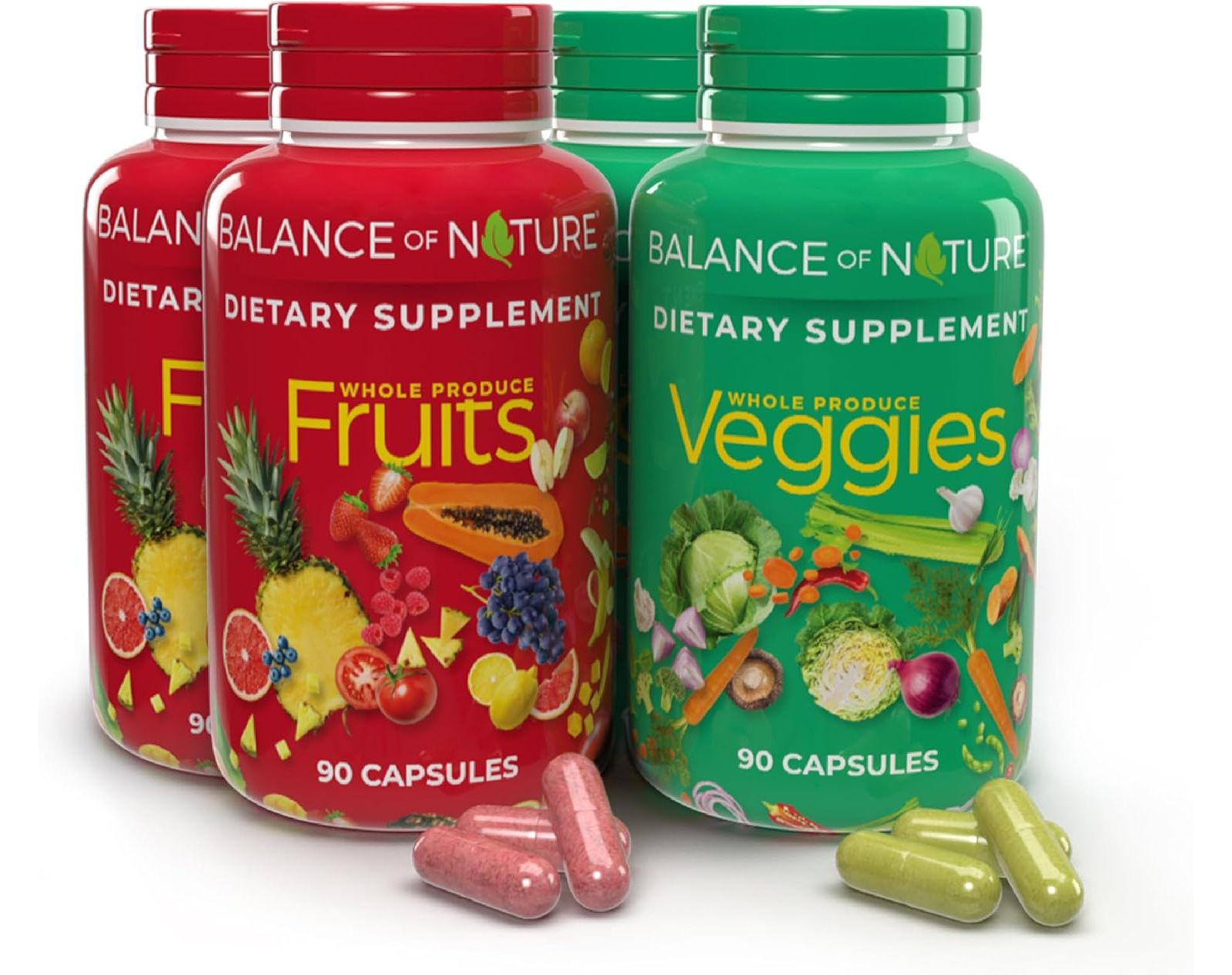 Balance of Nature Fruits & Veggies Supplements - Whole Fruit and Vegetable Ingredients - 90 Fruits Capsules, 90 Veggies Capsules - 2 Sets