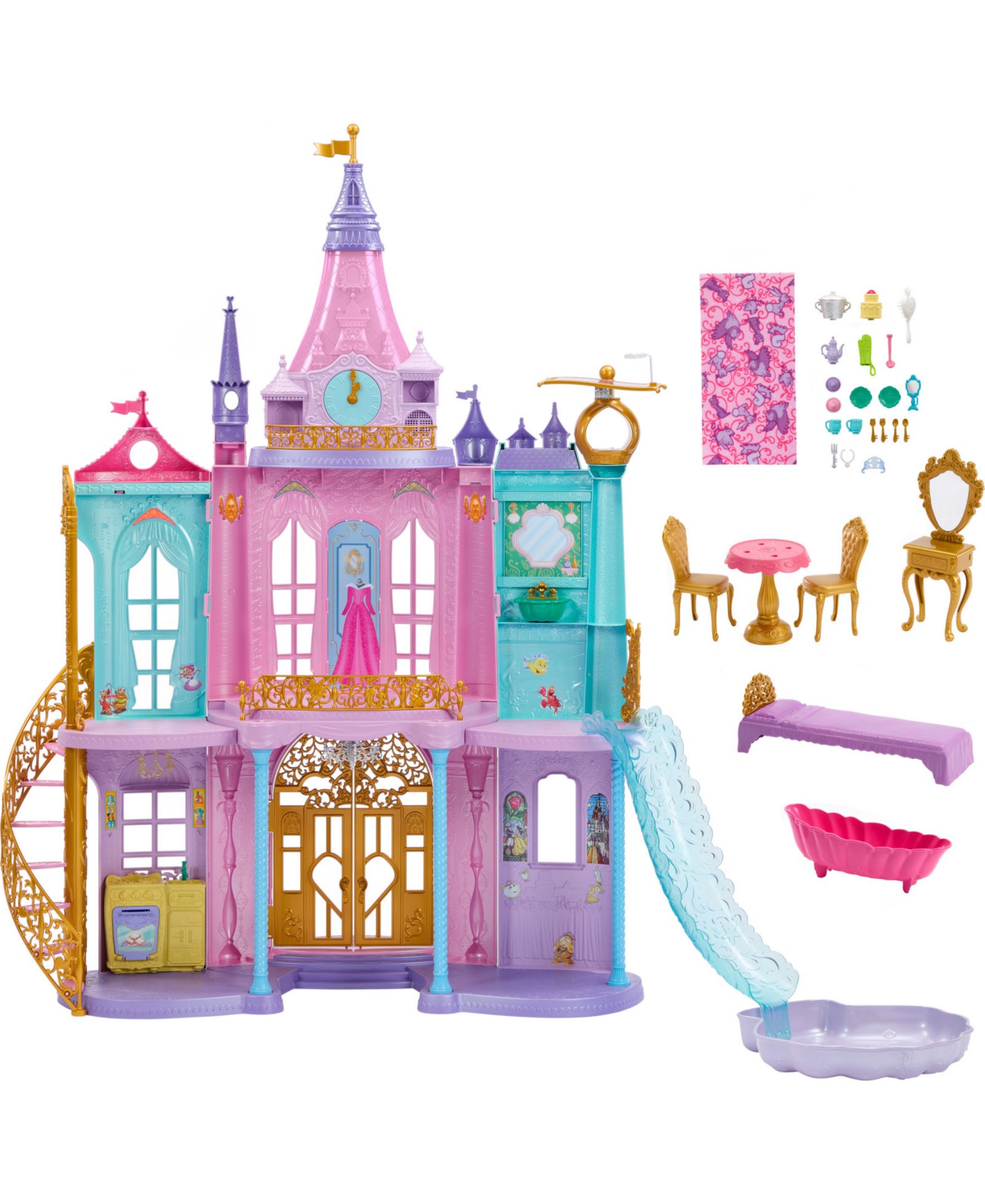 Disney Princess Magical Adventures Castle, 3-Level with Interactive Lights and Sounds, Slide and Pool, 28 Accessories, Ages 3+