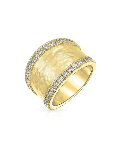 Bling Jewelry Modern Fashion Matte Finish Hammered Band Ring CZ Accent Gold Plated