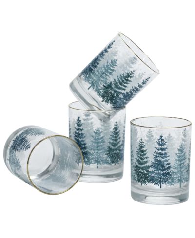 Culver 14-Ounce 22 Carat Gold-Tone Rim DOF (Double Old Fashioned) Glass Set of 4 - Holiday Winter Pine Trees