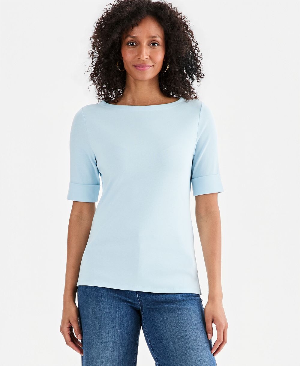 Style & Co Women's Boat-Neck Elbow Sleeve Cotton Top, Exclusively at Macy's