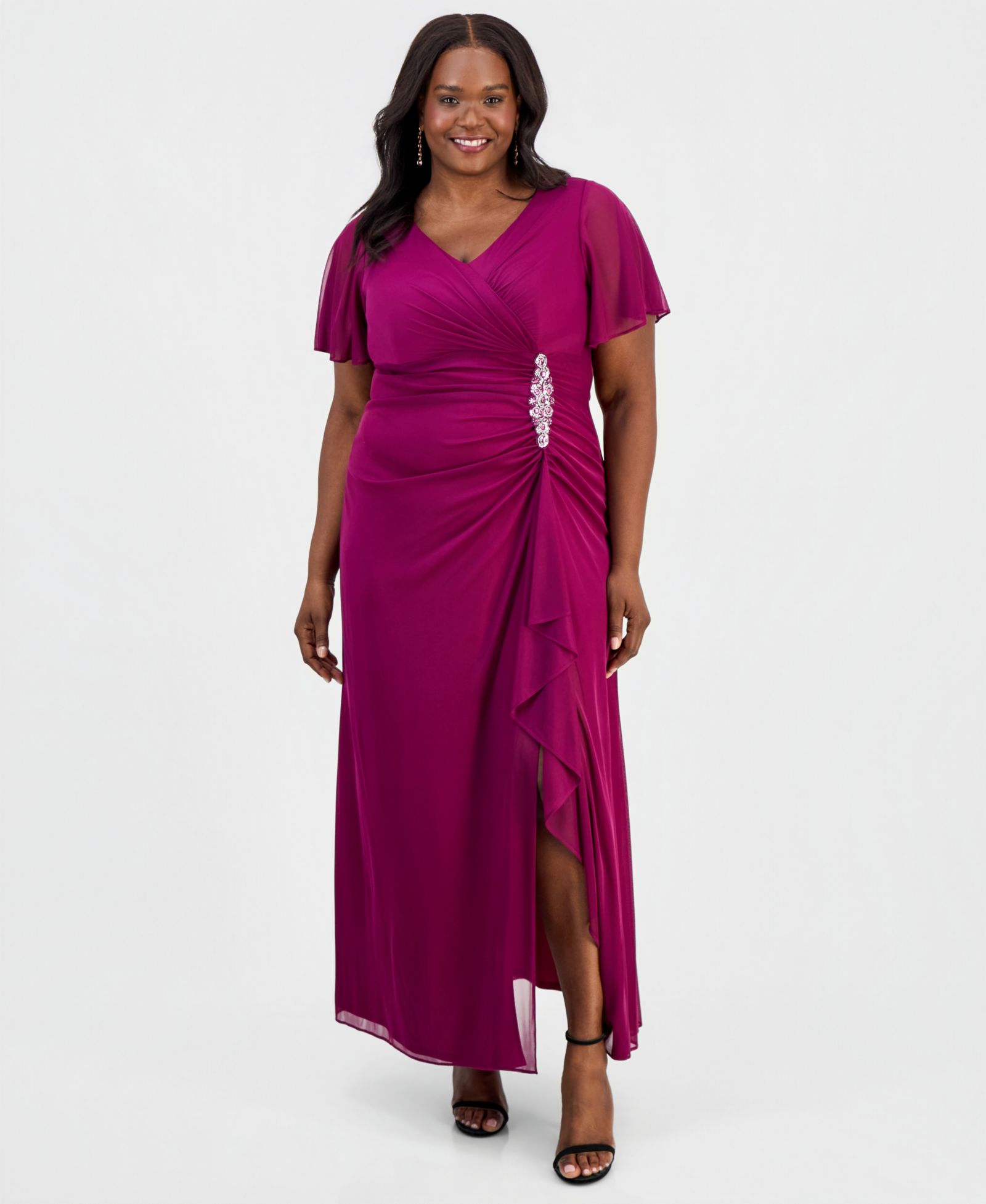 Alex Evening Plus Embellished Flutter-Sleeve Gown