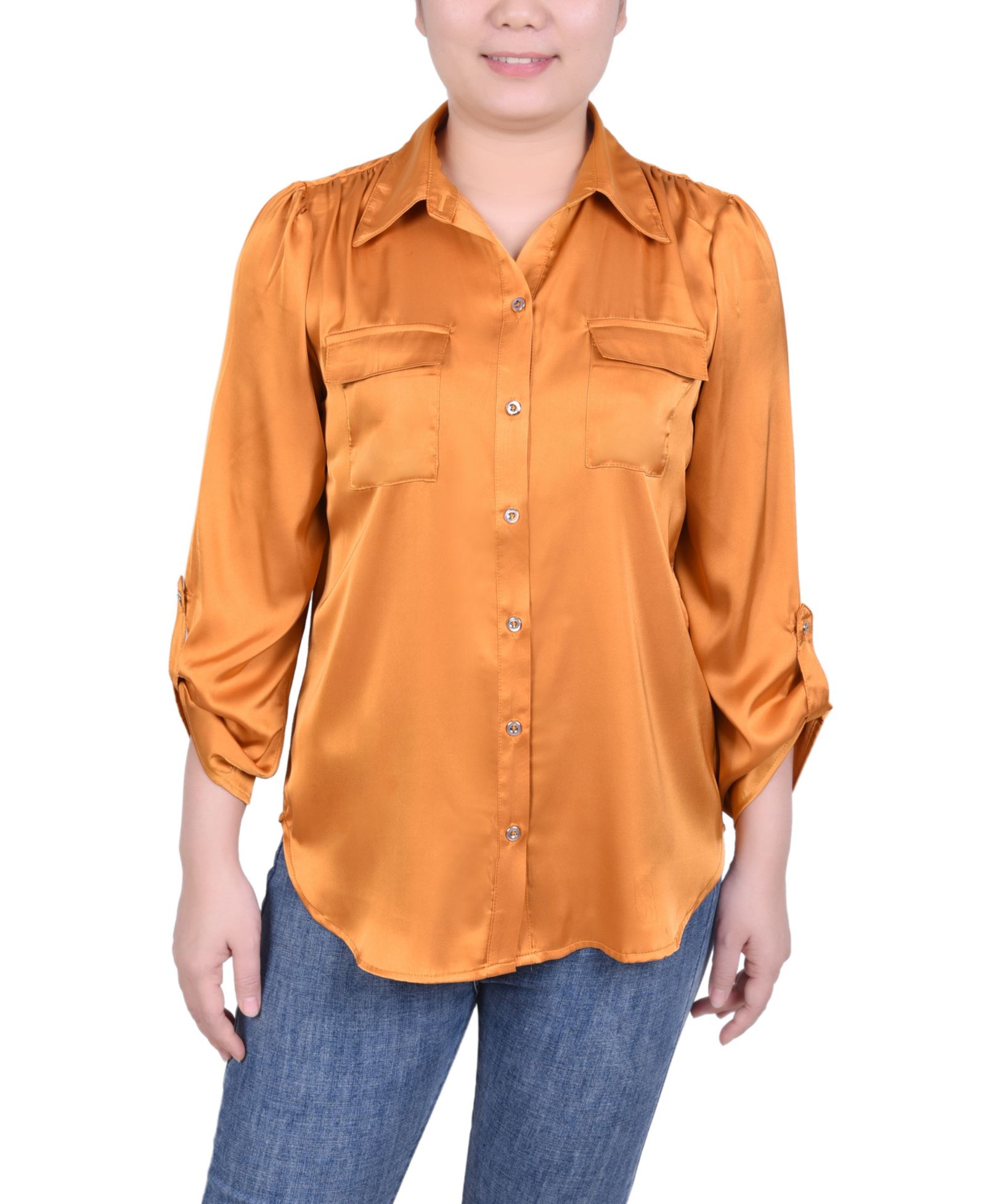 NY Collection Petite Tabbed Long Sleeve Satin Blouse