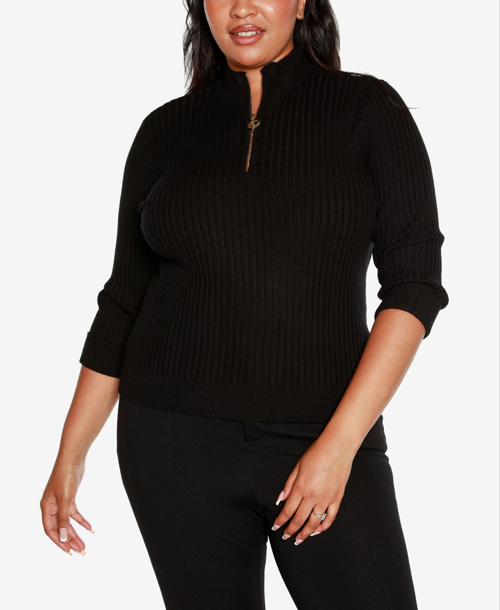 Belldini Black Label Plus Size Ribbed Quarter-Zip Sweater