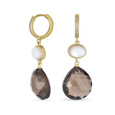 Bling Jewelry White Brown Quartz Gemstone Faceted Teardrop Drop Earrings Gold Plated