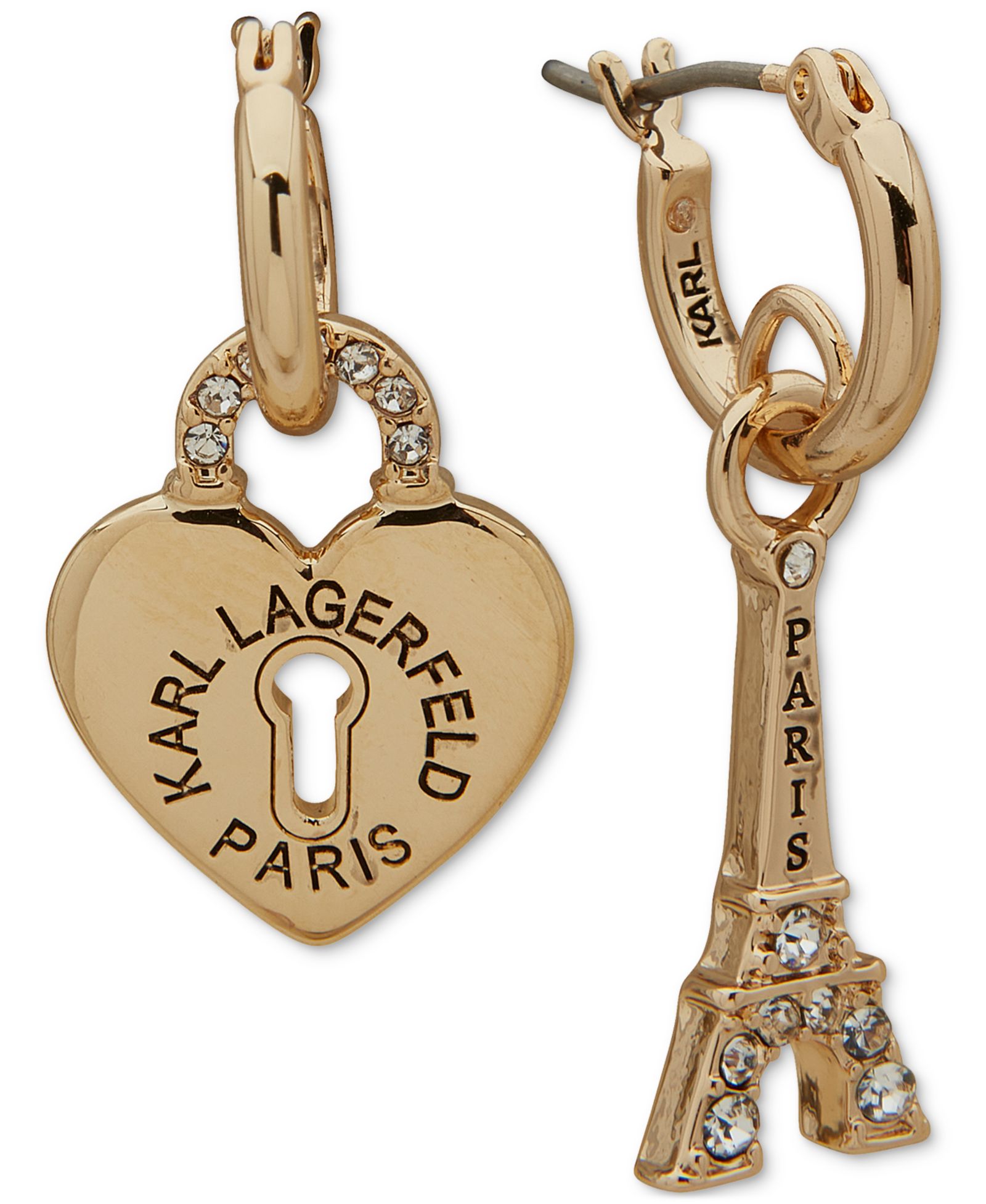 KARL LAGERFELD PARIS Gold-Tone Pavé Heart Padlock & Eiffel Towel Mismatch Charm Hoop Earrings