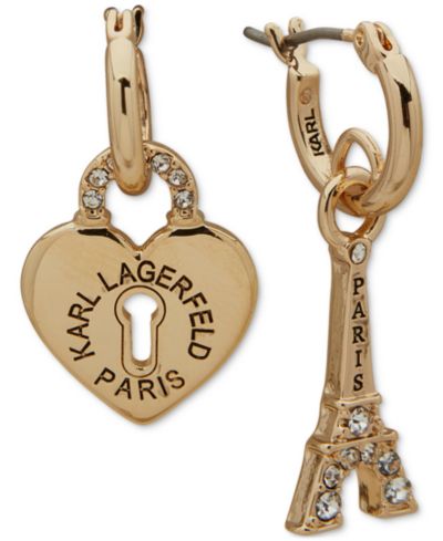 Серьги-кольца KARL LAGERFELD PARIS Gold-Tone Pavé Heart Padlock & Eiffel Towel Mismatch Charm Hoop