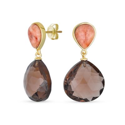 Bling Jewelry Pink Peach Brown Smoky Quartz Faceted Teardrop Drop Earrings Gold Plated