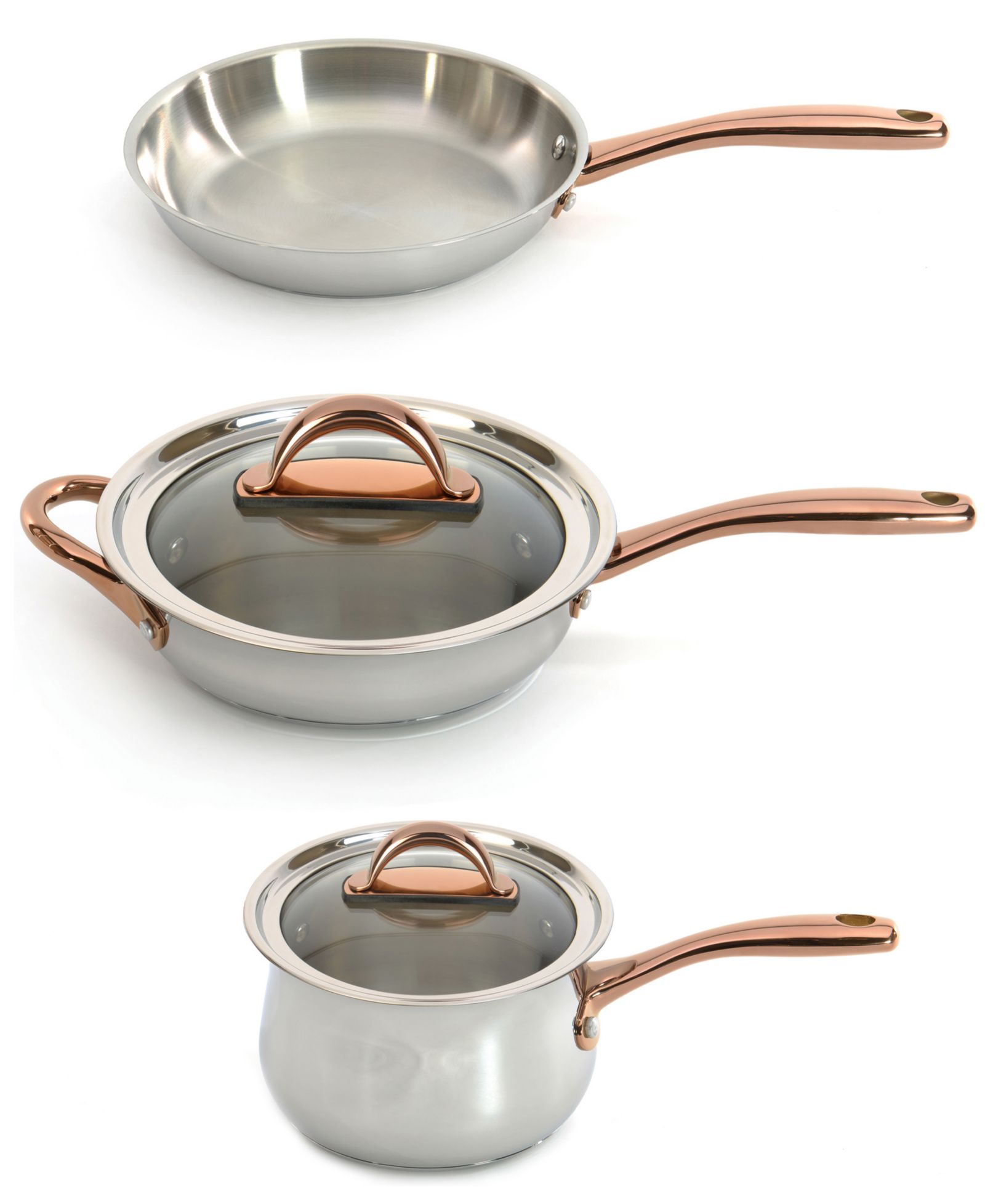 BergHOFF Ouro Gold 5pc 18/10 Stainless Steel Starter Set, Glass Lids, Rose Gold Handles