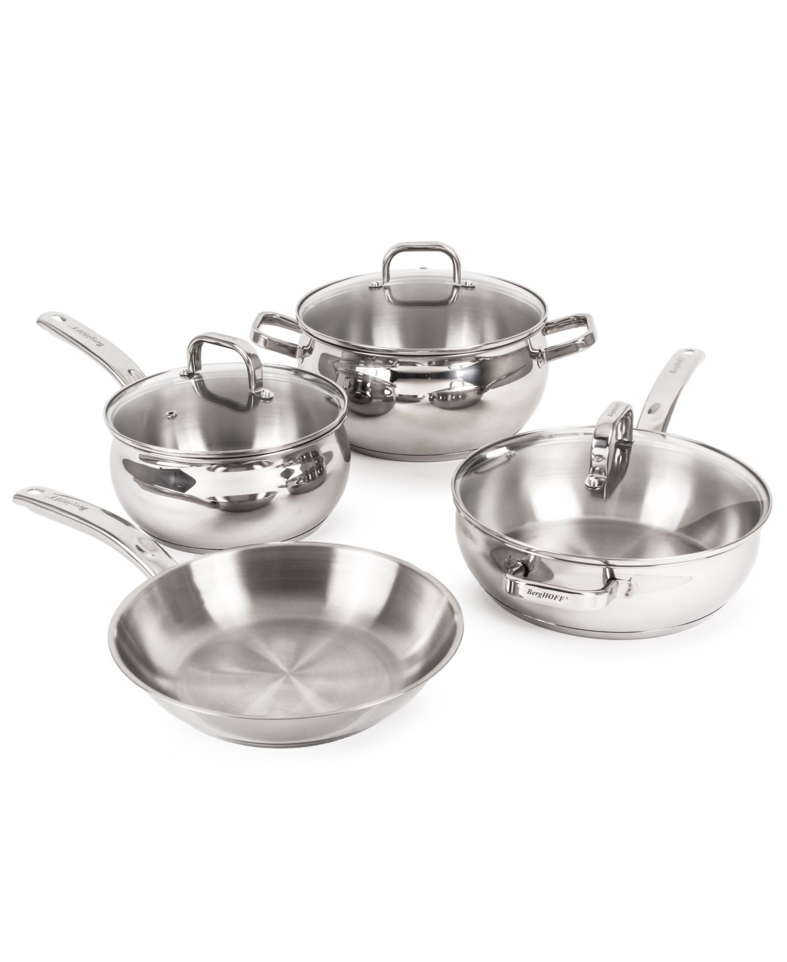BergHOFF Belly Shape 7pc 18/10 Stainless Steel Cookware Set with Glass Lids