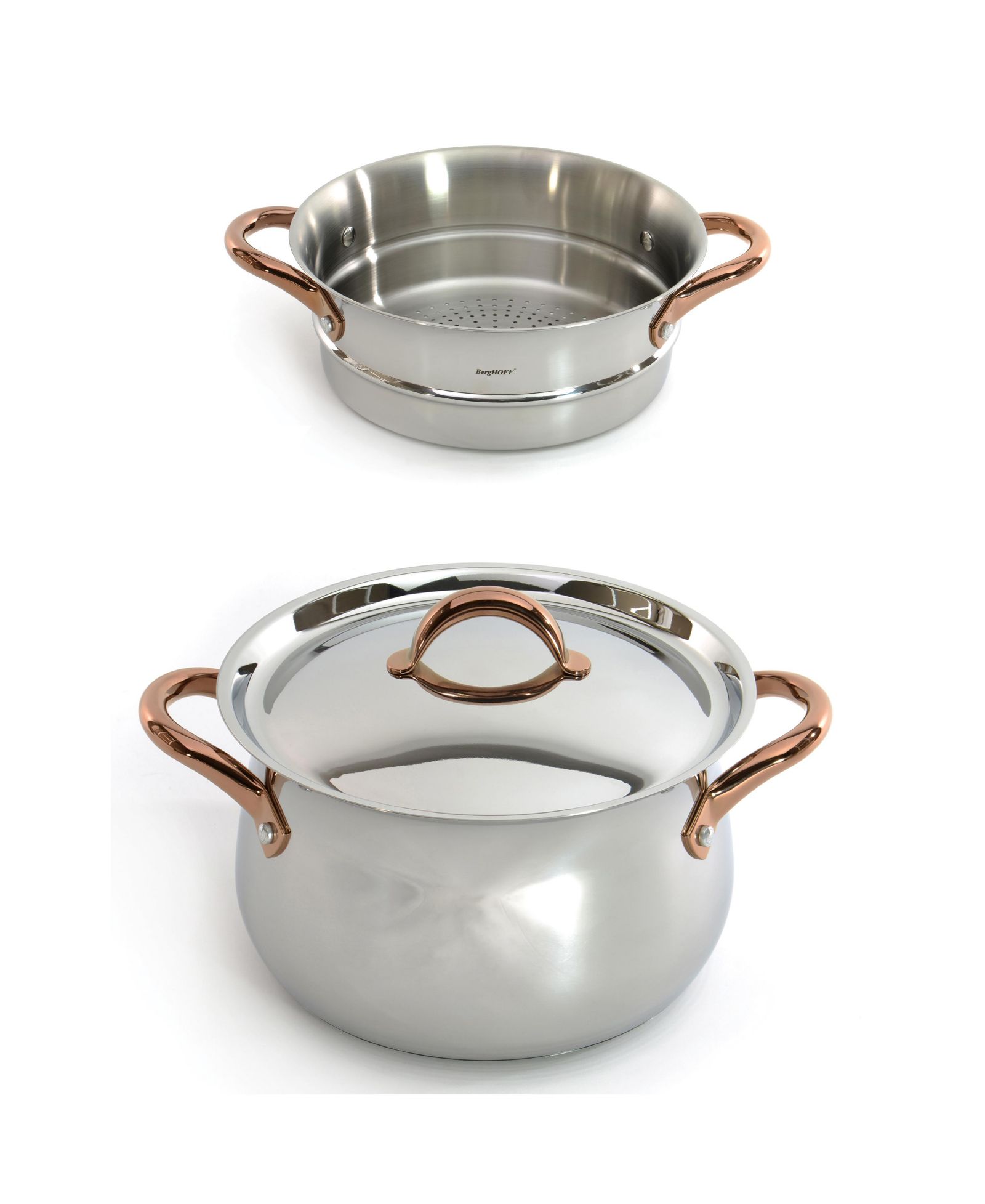 BergHOFF Ouro Gold 3pc 18/10 SS Steamer Set, SS Lids, Rose Gold Handles
