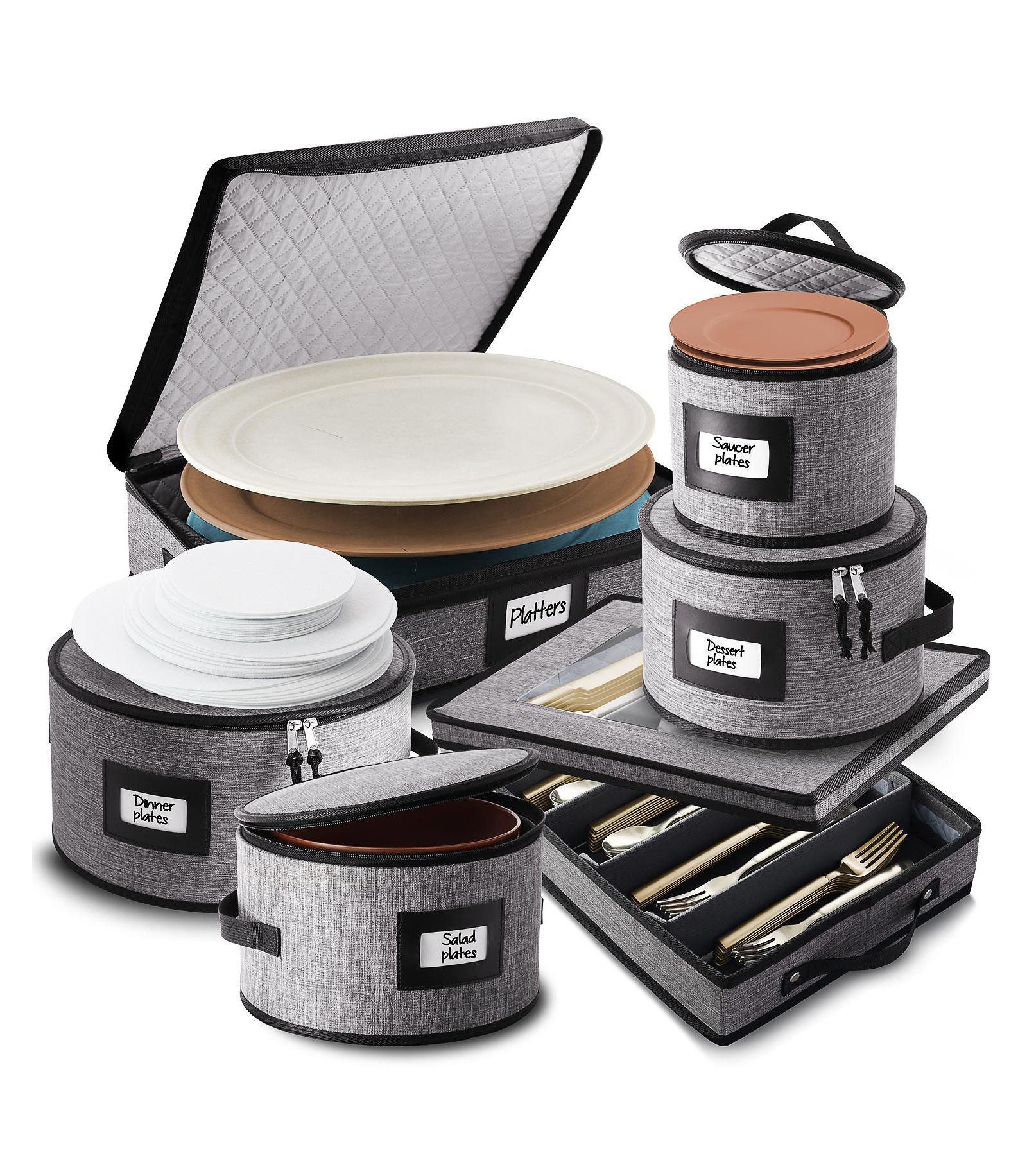 6 Piece Hard Shell Fine China Plates, Platters and Silverware Storage Set - Holds a 12 Serving Set