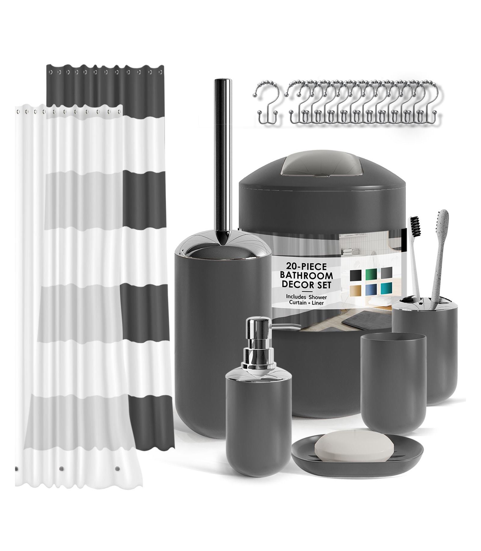 Clara Clark Bathroom Accessories Set, 20Piece Shower Curtain Set with Soap Dish, Toothbrush Holder & Trash Can