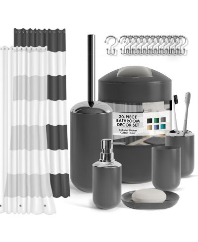 Набор аксессуаров для ванной Clara Clark, 20Piece Shower Curtain Set с мыльницей, держателем для зубных щеток и мусорным ведром