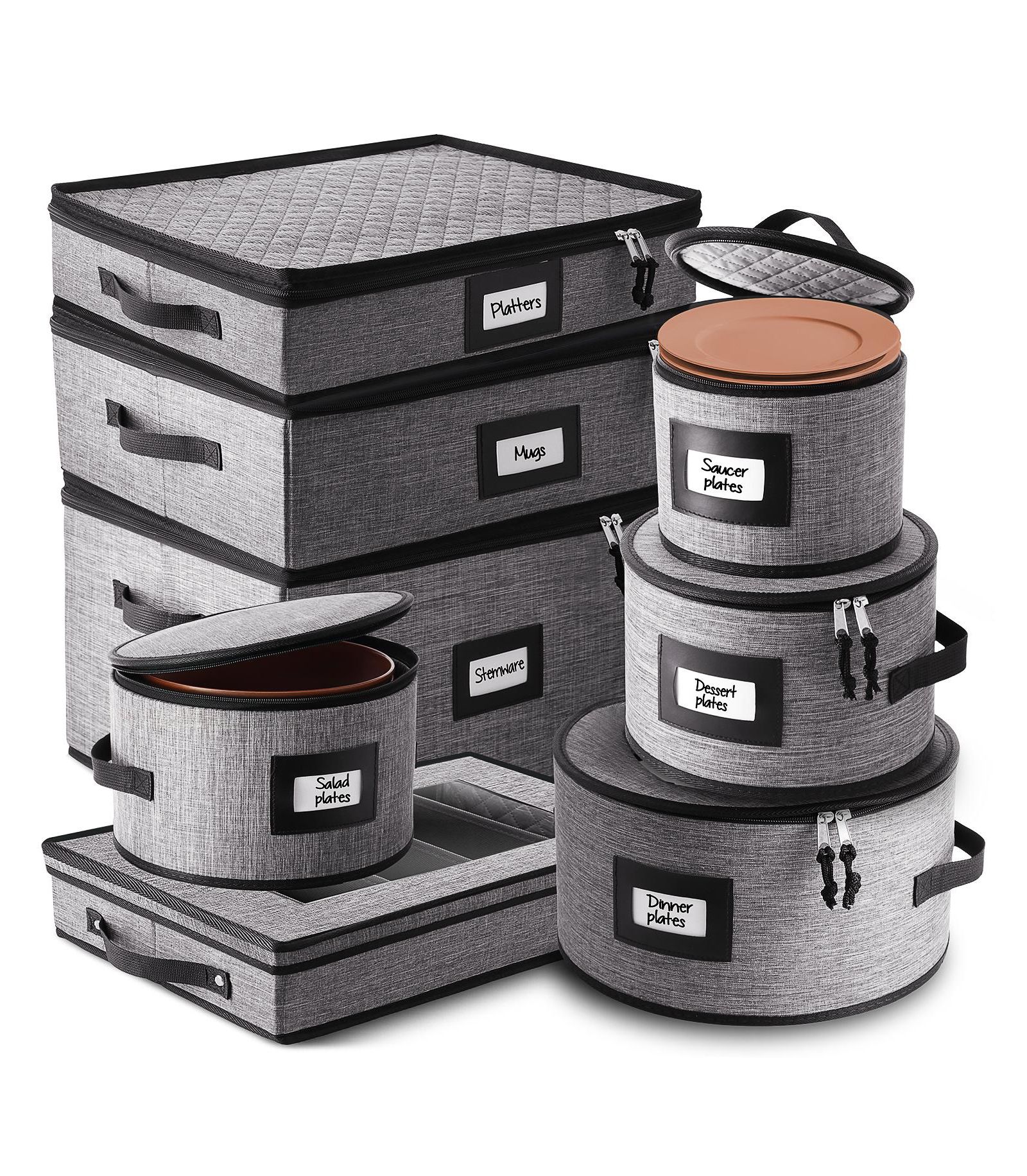 8 Piece Hard Shell Complete Dinnerware Storage set - Holds 12 Servings of Plates, cups, Platters, stemware and cutlery