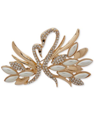 Брошь Anne Klein Gold-Tone Imitation Pearl Crystal Swans