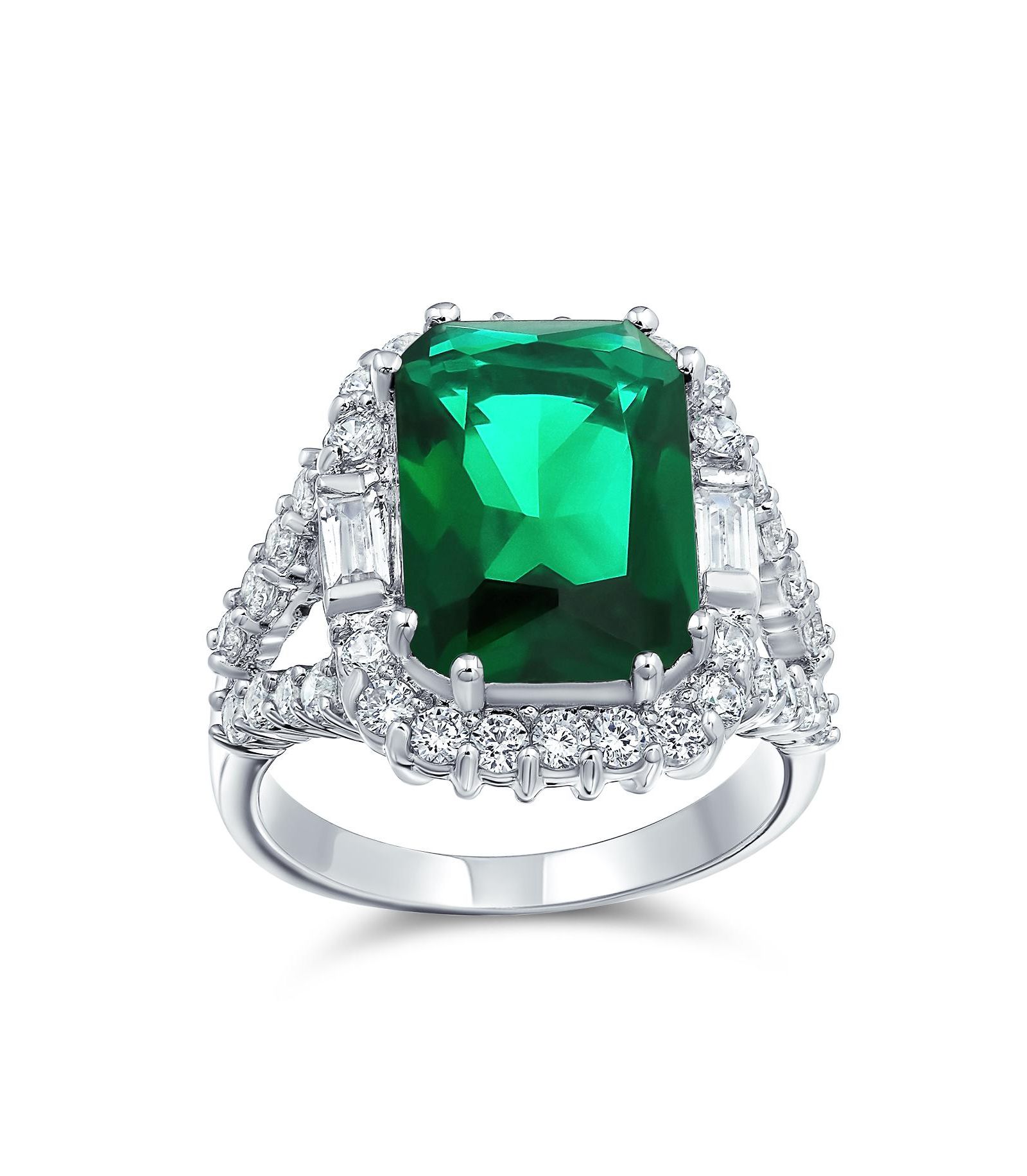 Bling Jewelry Classic Elegant 7CT CZ Green Emerald Cut Cocktail Statement Ring Rhodium