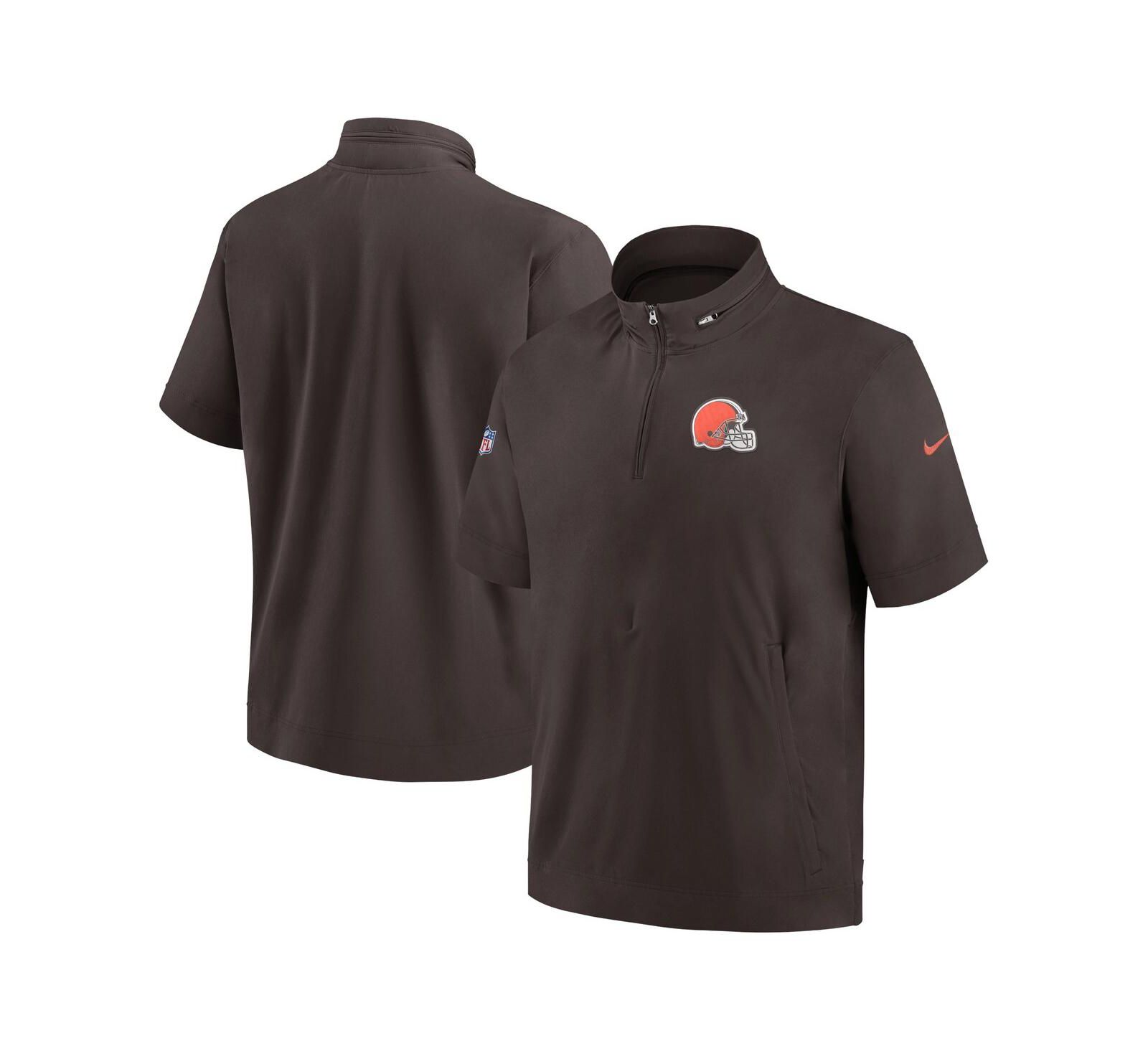 Men's Nike Brown Cleveland Browns Sideline Coach Short Sleeve Hoodie Quarter-Zip Jacket
