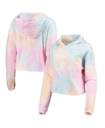 Женское укороченное худи League Collegiate Wear Pink, White Clemson Tigers Tie-Dye Cropped Pullover