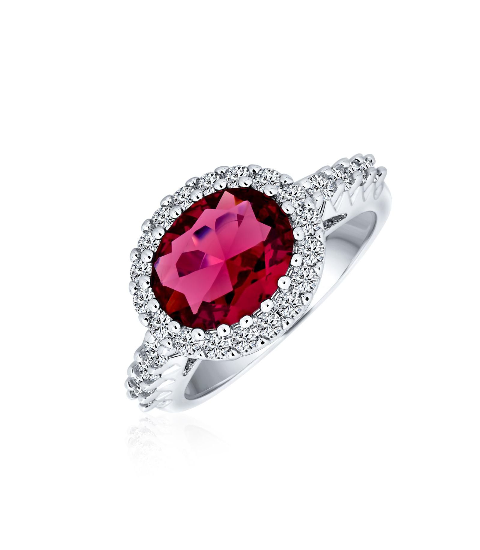 Bling Jewelry 3CT Ruby Red Oval CZ Pave Halo Solitaire Cocktail Statement Ring Rhodium