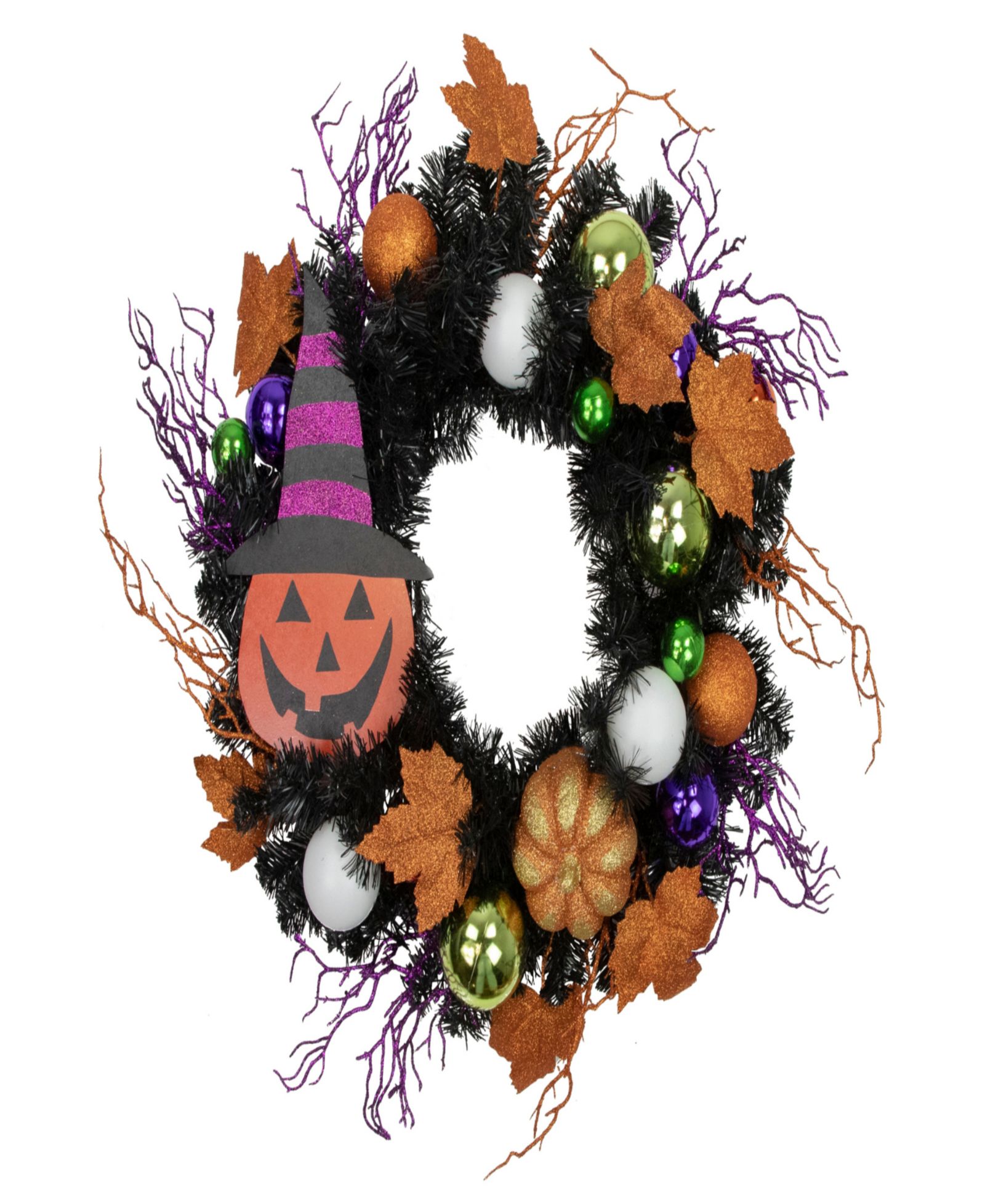 Хэллоуинский еловый венок Northlight Jack-O'-Lantern in Witches Hat, 24" Unlit