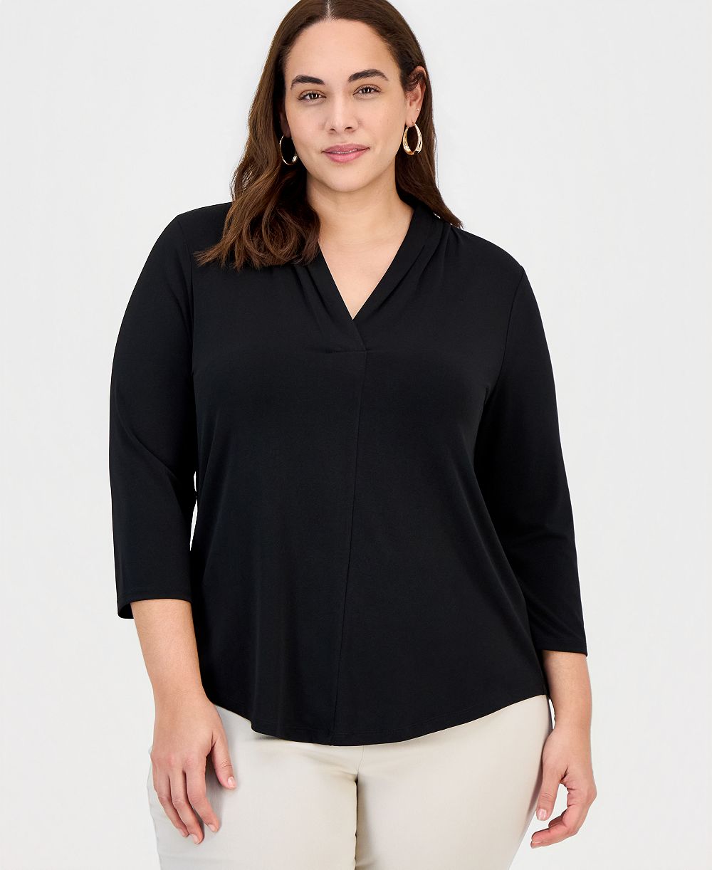 JM Collection Plus Size Solid V-Neck 3/4-Sleeve Top, женский топ с рукавом 3/4