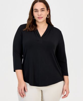 JM Collection Plus Size Solid V-Neck 3/4-Sleeve Top, женский топ с рукавом 3/4