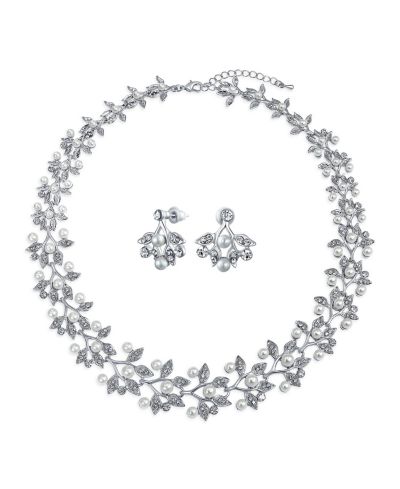Bling Jewelry ожерелье-бисер с искусственным белым жемчугом и CZ Leaf Motif