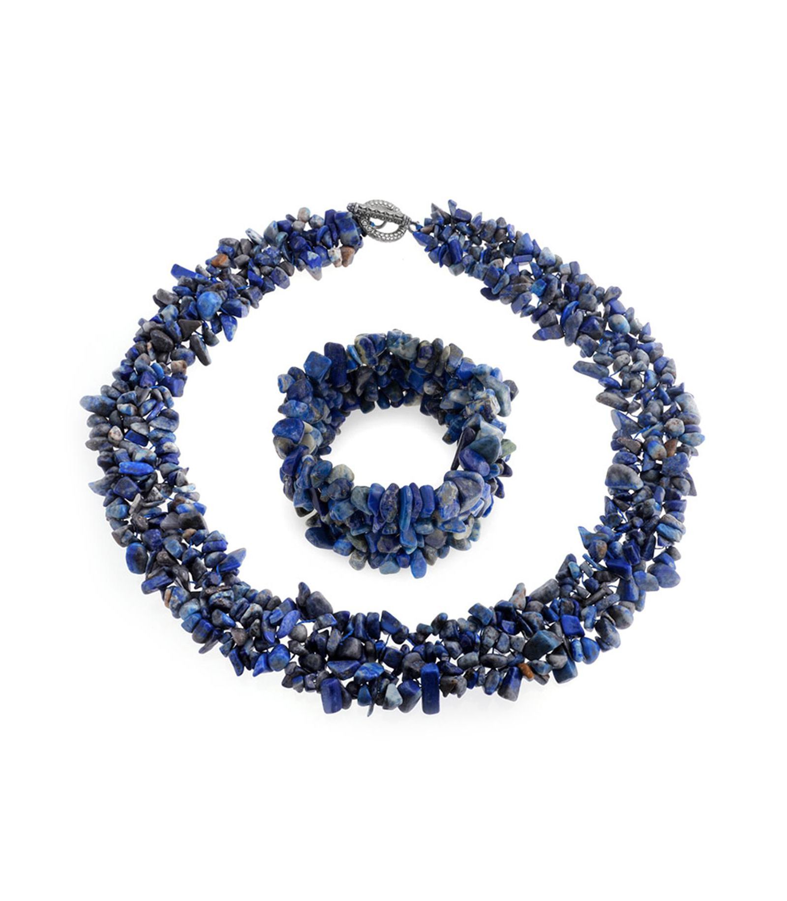 Bling Jewelry Chip Cluster Blue Turquoise Bib Collar Necklace and Stretch Bracelet Set