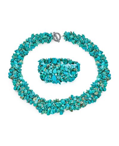 Bling Jewelry Chip Cluster Blue Turquoise Bib Collar Necklace and Stretch Bracelet Set