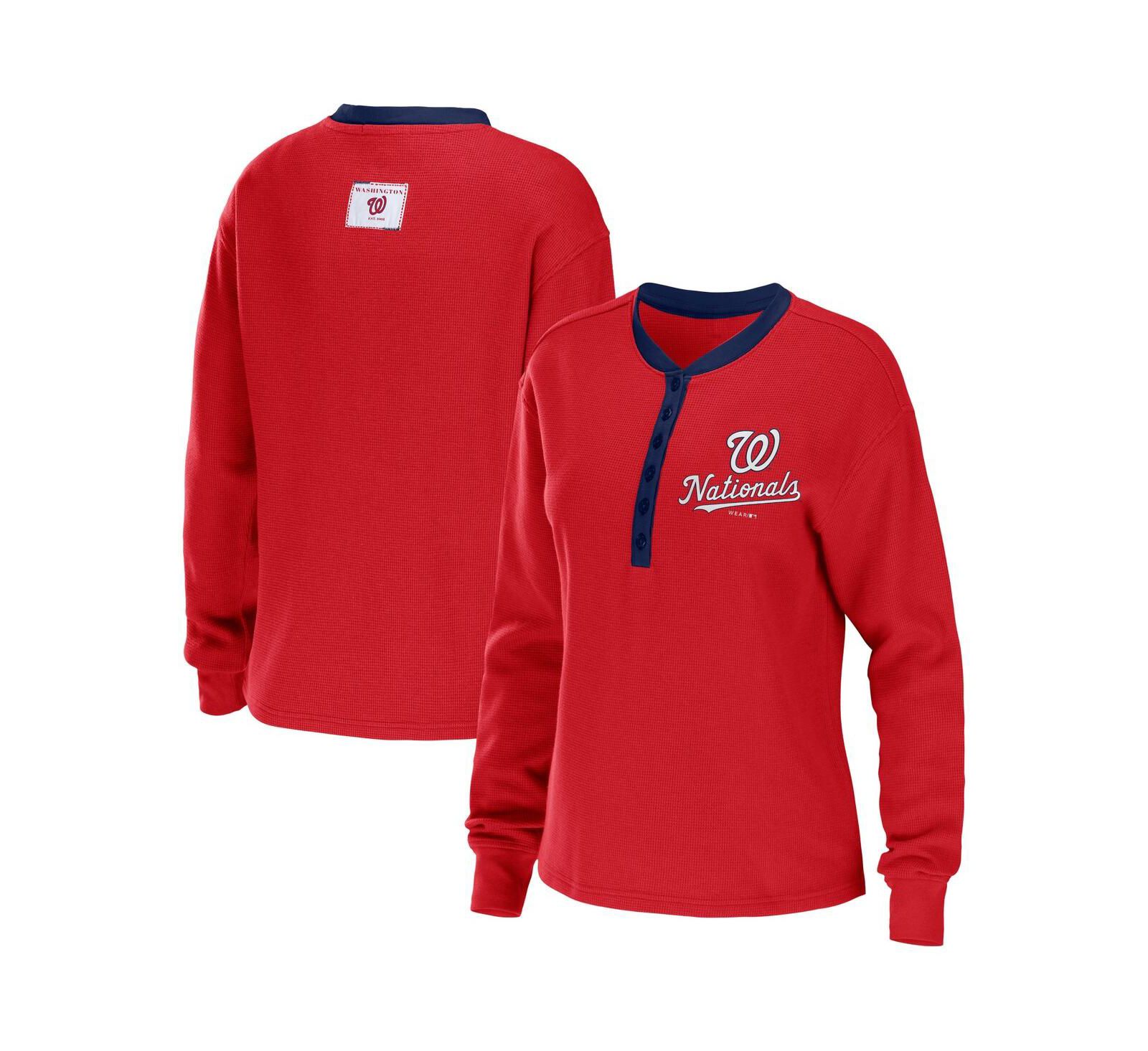 Women's WEAR by Erin Andrews Red Washington Nationals Waffle Henley Long Sleeve T-shirt