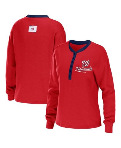 Women's WEAR by Erin Andrews Red Washington Nationals Waffle Henley Long Sleeve T-shirt