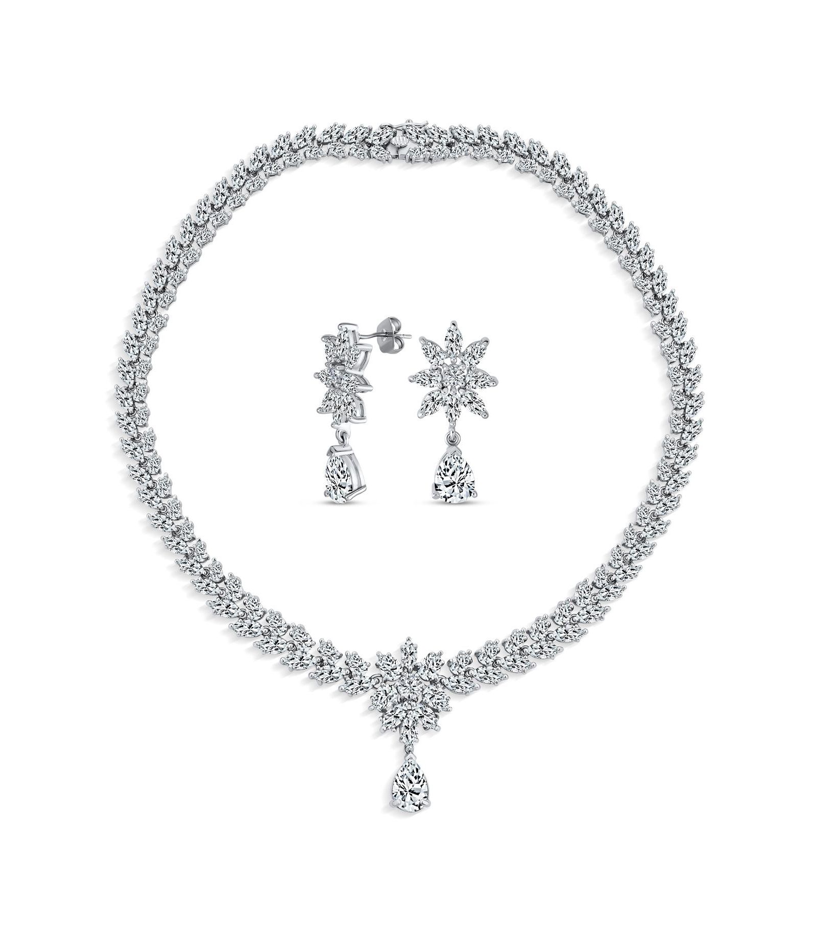 Bling Jewelry Jewelry Set Art Deco Marquise Leaf CZ Choker Necklace and Drop Chandelier Earrings