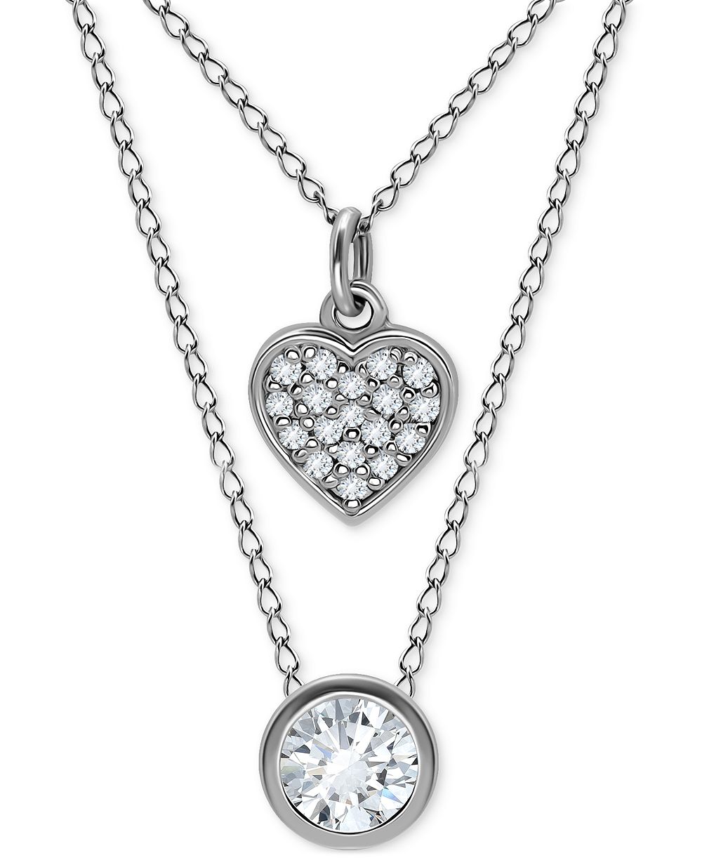 Giani Bernini 2-Pc. Set Cubic Zirconia Pavé Heart & Solitaire Bezel Pendant Necklaces, Created for Macy's