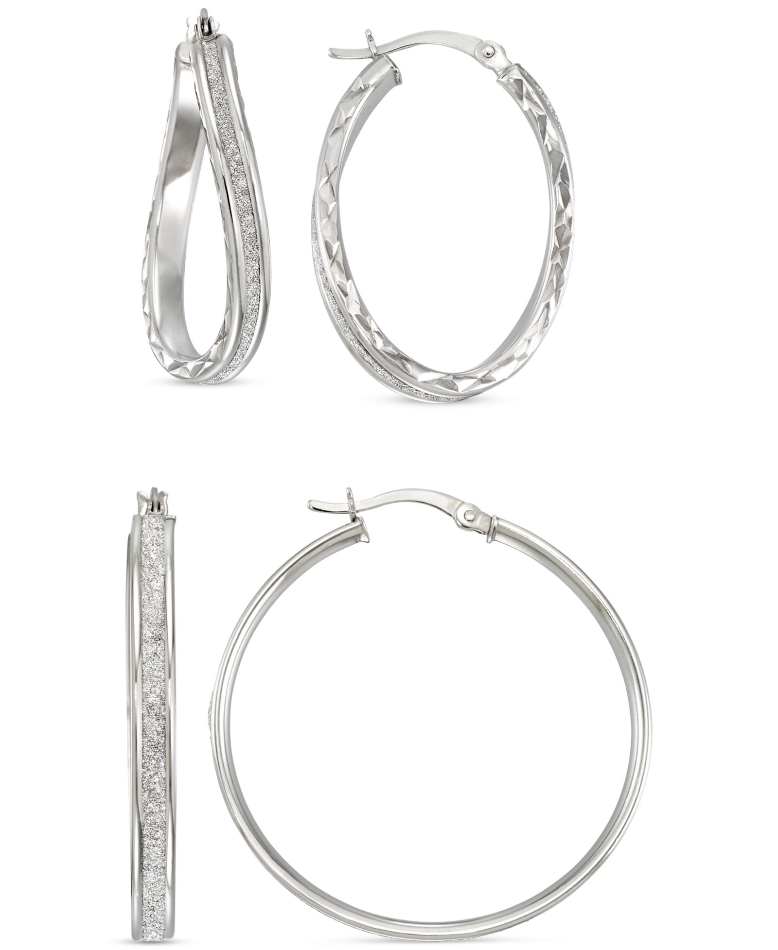 Набор серебряных серьг-кольц 2-Pc. Wavy & Round Glitter Hoop