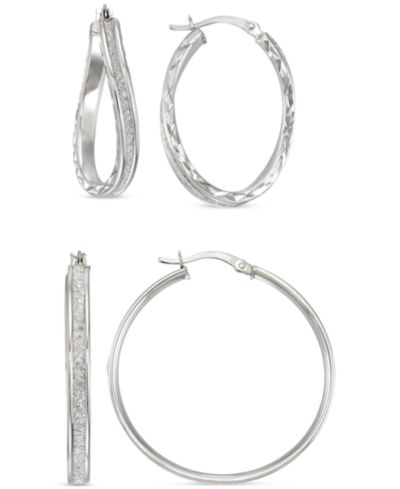 Набор серебряных серьг-кольц 2-Pc. Wavy & Round Glitter Hoop