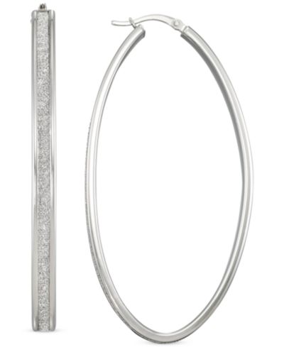 Glitter Oval-Shape Hoop Earrings in Sterling Silver