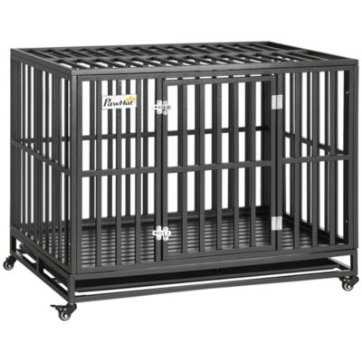 PawHut Heavy Duty Steel Dog Crate Kennel with Wheels and 1 Access Door,