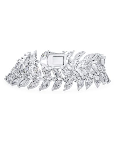 Bling Jewelry Vintage Style Wide 2 Row Leaf Motif Marquise CZ Bracelet Silver Plated 7"