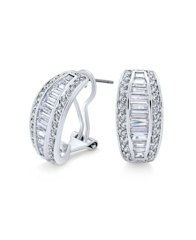 Bling Jewelry Art Deco Cocktail Style CZ Baguette Half Hoop Stud Earrings Omega Back