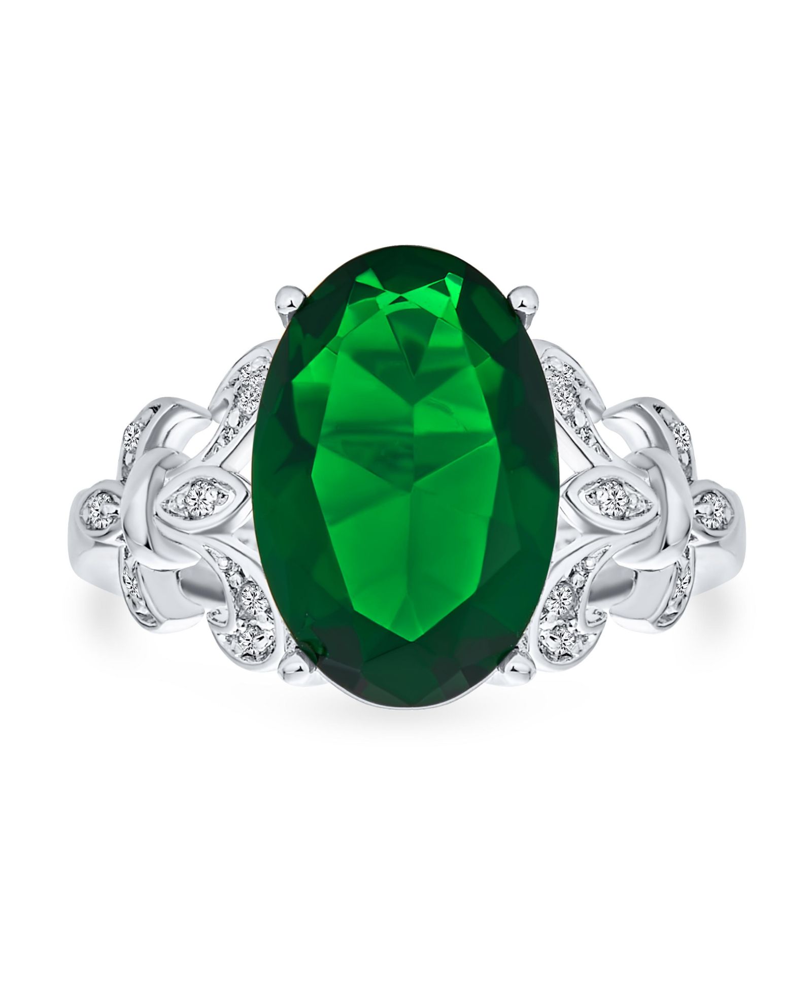 Bling Jewelry Fleur De Lis Setting CZ Green Oval Solitaire 7CT Cocktail Statement Ring